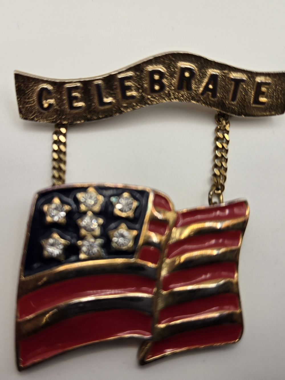 Vintage "Celebrate" Hanging American Flag Patriotic Pin Goldtone Red Navy White
